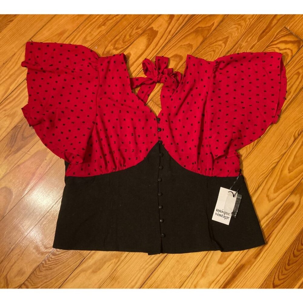 NWT Unique Vintage Red & Black Flutter Sleeve Capelet Blouse